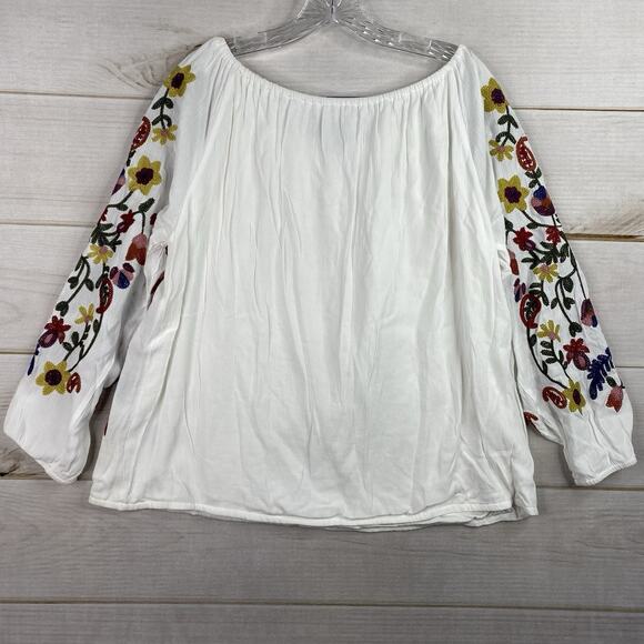 Colleen Lopez Top XS White Heavily Embroidered On/Off Shoulder Keyhole Long Slv - Picture 10 of 10